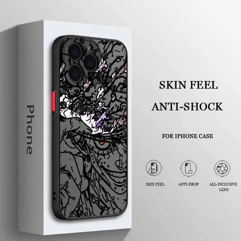 Black iphone case featuring a detailed anime luffy design with bold black lines and purple white accents on frosted translucent soft back