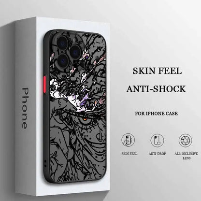 Black iphone case featuring a detailed anime luffy design with bold black lines and purple white accents on frosted translucent soft back