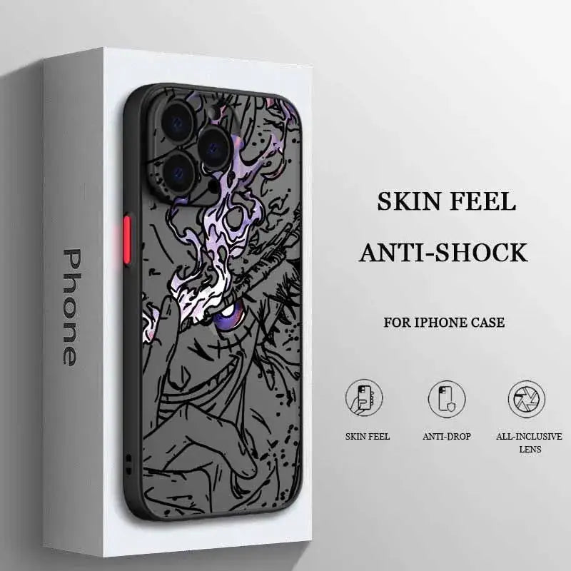 Back of black iphone case with frosted translucent soft anime-style one piece luffy illustration in purple and white accents