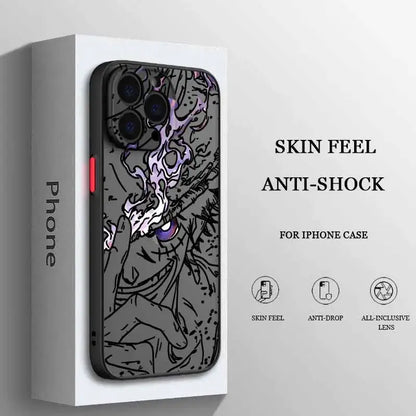 Back of black iphone case with frosted translucent soft anime-style one piece luffy illustration in purple and white accents