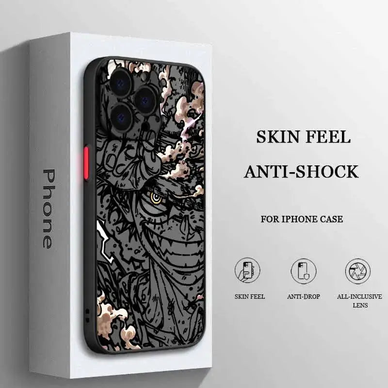 Back side of black and rose gold one piece luffy phone case featuring frosted translucent soft funda with monster design