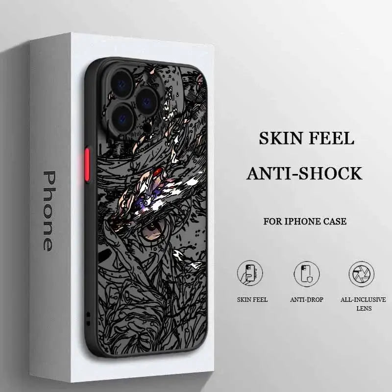 Black frosted translucent soft iphone case with intricate anime-style eye and abstract patterns on back side