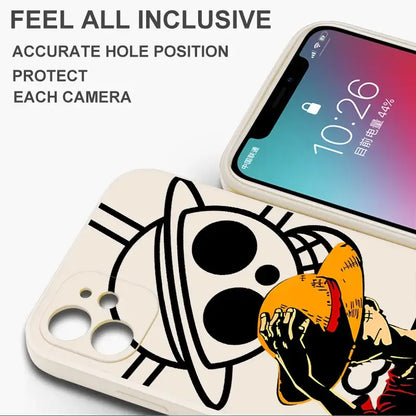 Back view of cream-colored silicone piece luffy phone case with bold black yellow one piece straw hat pirate design for iphone