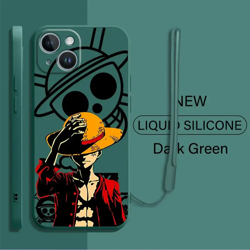 Dark green liquid silicone piece luffy phone case featuring vibrant monkey d illustration for iphone compatibility back view