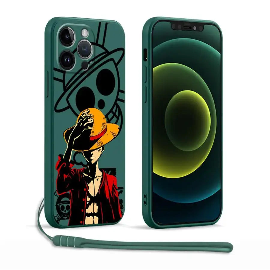 Dark green silicone luffy phone case for iphone with bold black and red one piece luffy illustration and wrist strap
