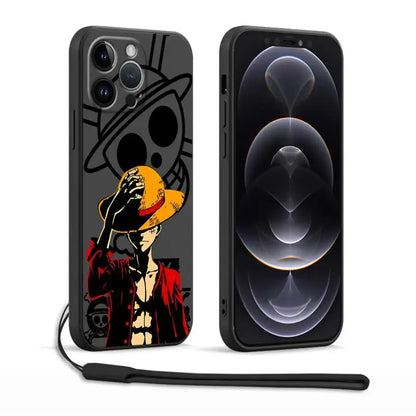 Black luffy phone case for iphone featuring vibrant one piece luffy illustration with straw hat and red jacket on back