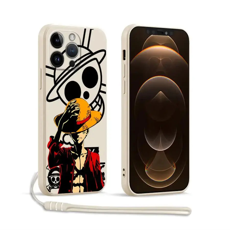 Cream-colored silicone piece luffy phone case with black and red luffy illustration tipping hat and white wrist strap back view