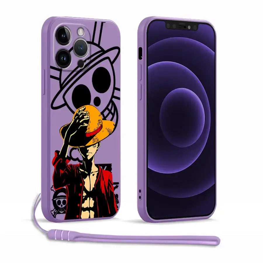 Purple silicone piece luffy phone case for iphone featuring luffy holding his straw hat and jolly roger design on back