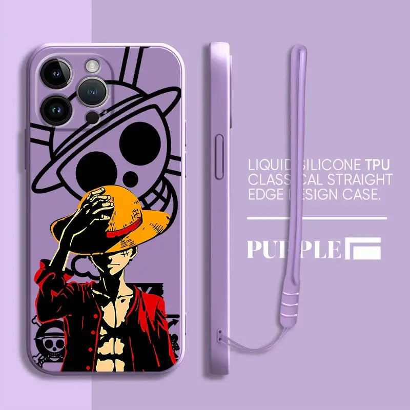 Purple liquid silicone tpu luffy phone case with cartoon one piece luffy in red jacket and yellow hat for iphone back side