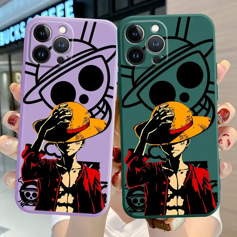 Two colorful smartphone cases with stylized monkey d luffy illustration on the back for piece luffy phone use