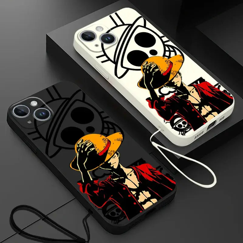 White and black one piece luffy phone case featuring cartoon luffy with straw hat red jacket and jolly roger logo