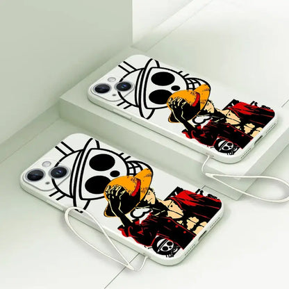 White iPhone compatible luffy phone case featuring black and red One Piece Straw Hat Pirates skull logo and luffy illustration