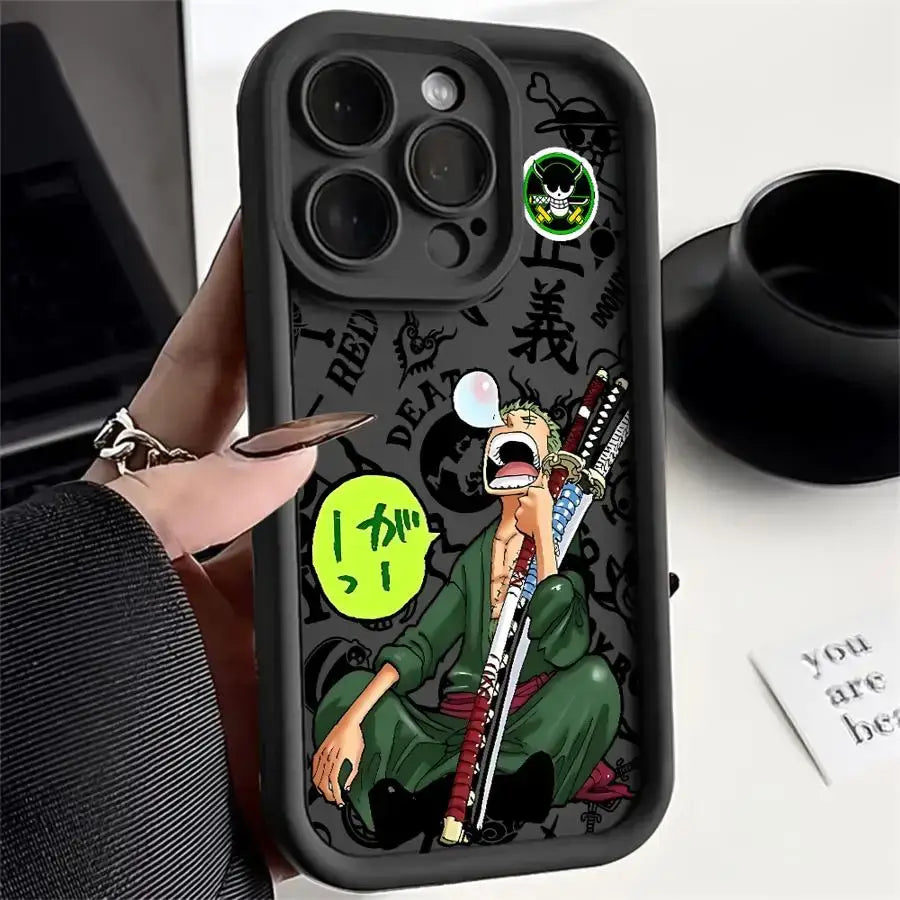 Black soft silicone back cover featuring roronoa zoro illustration for one piece luffy phone case with green red accents