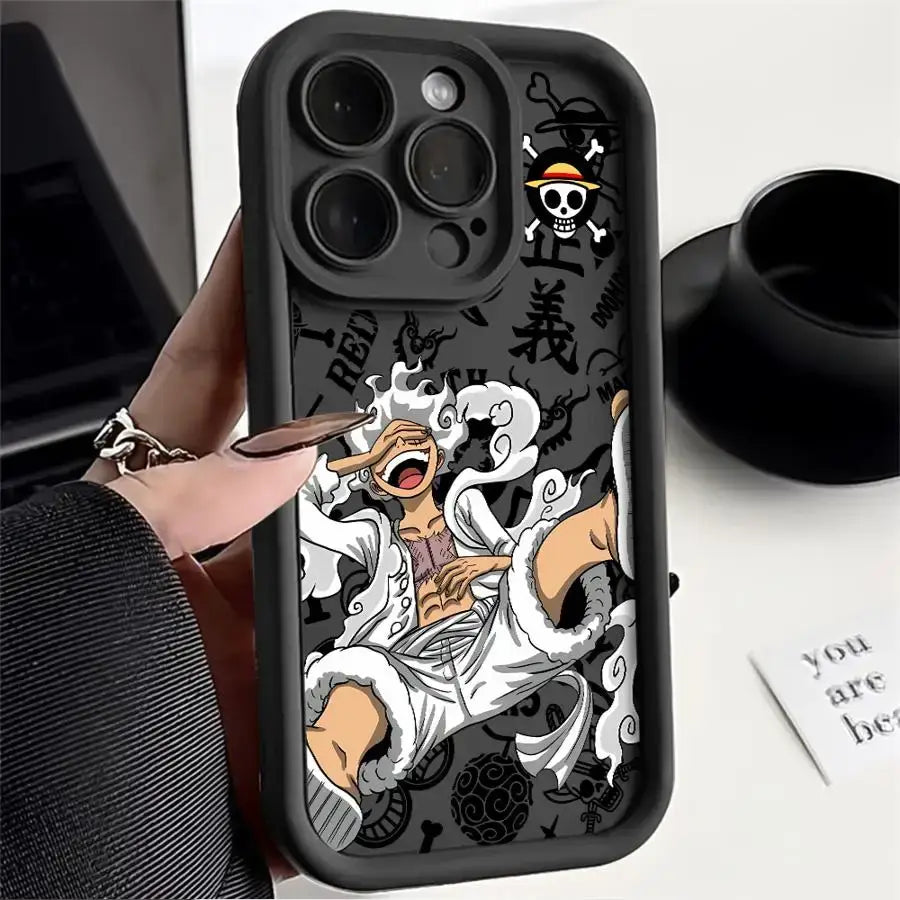 Black soft silicone piece luffy phone case with vibrant anime design skull motifs and japanese characters on back side