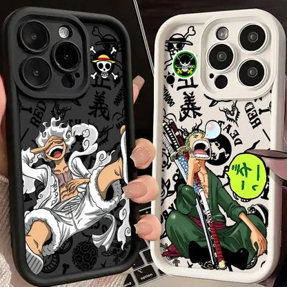 Black and white one piece luffy phone case soft silicone back cover with bold anime character graphic design