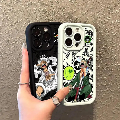Two piece luffy phone cases with soft silicone back cover, one black with white design and one white with green accents