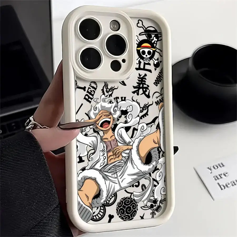 White soft silicone luffy phone case featuring black and white anime design with skull motifs and japanese characters on back