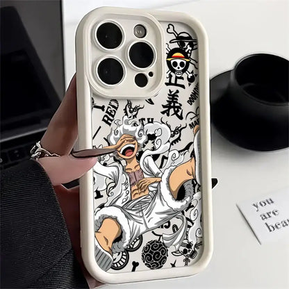 White soft silicone luffy phone case featuring black and white anime design with skull motifs and japanese characters on back
