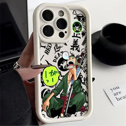 White soft silicone one piece luffy phone case featuring roronoa zoro illustration with pirate-themed graphics