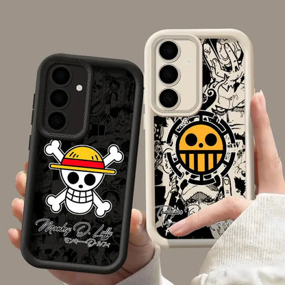 Black and white soft silicone one piece luffy phone case featuring straw hat pirates jolly roger design on back side