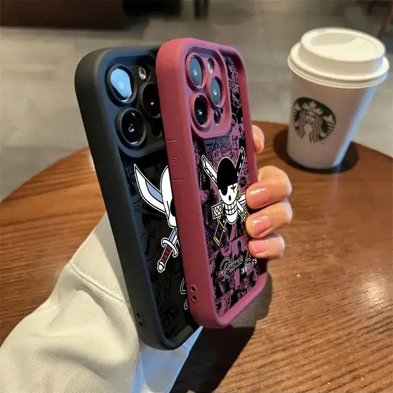 One piece luffy phone case in pink and black soft silicone with skull and crossbones matte finish back view