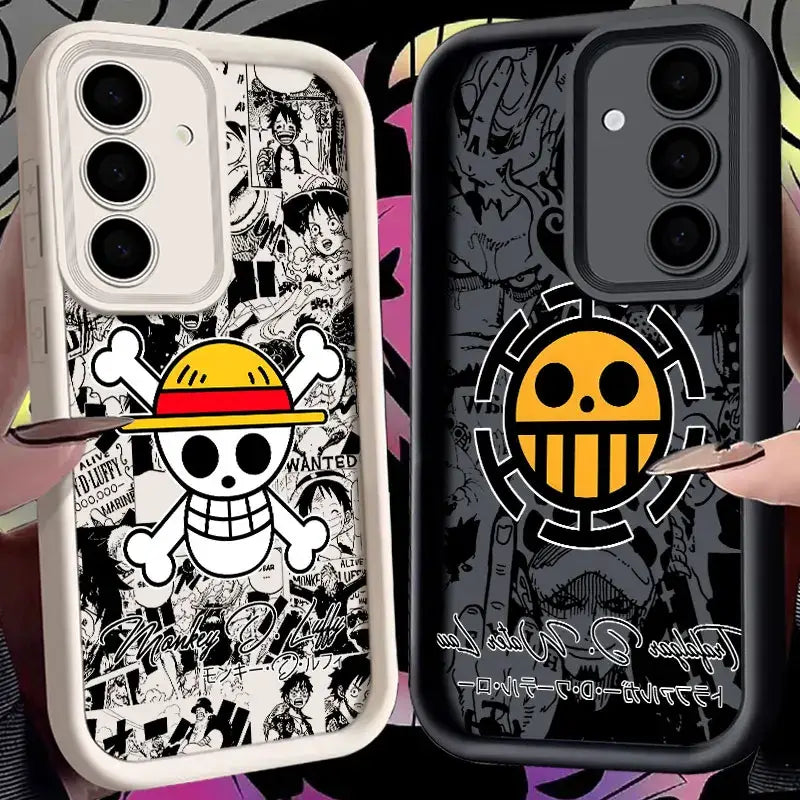 Two one piece luffy soft silicone phone cases with black and white comic collage and solid black jolly roger design backs