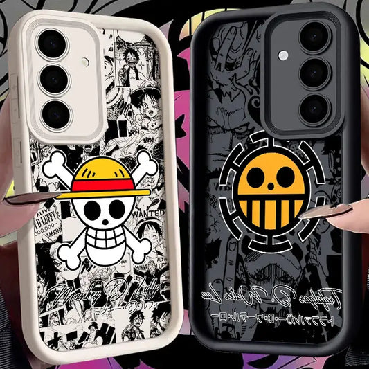 Two one piece luffy soft silicone phone cases with black and white comic collage and solid black jolly roger design backs