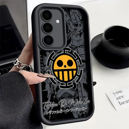 Black soft silicone one piece luffy phone case showing back side with yellow and black skull emblem for iphone