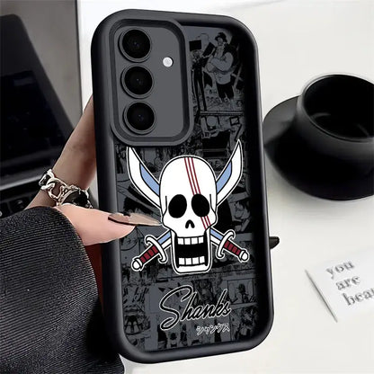 Black soft silicone one piece luffy phone case with white skull blue horns crossed swords on manga back side