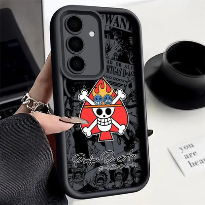 Black soft silicone one piece luffy phone case with red and white spade skull and flames on back side