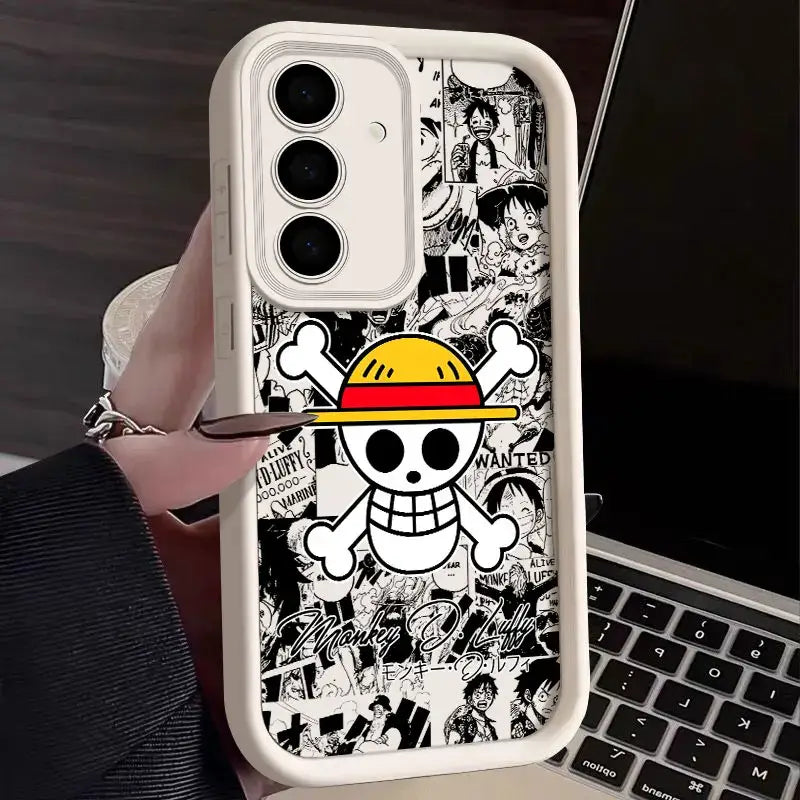 White soft silicone piece luffy phone case with black and white straw hat pirates skull and yellow hat design on back