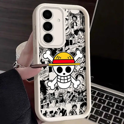White soft silicone piece luffy phone case with black and white straw hat pirates skull and yellow hat design on back