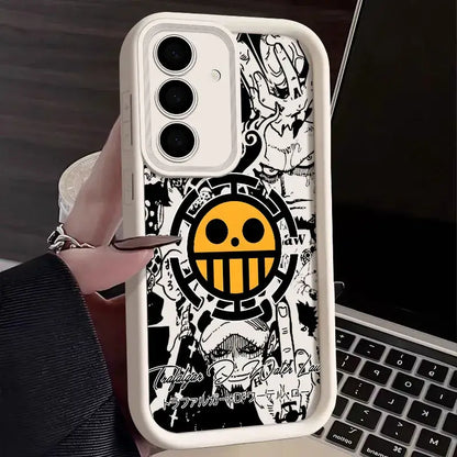 White soft silicone phone case featuring bold black and yellow one piece luffy jolly roger design on the back side