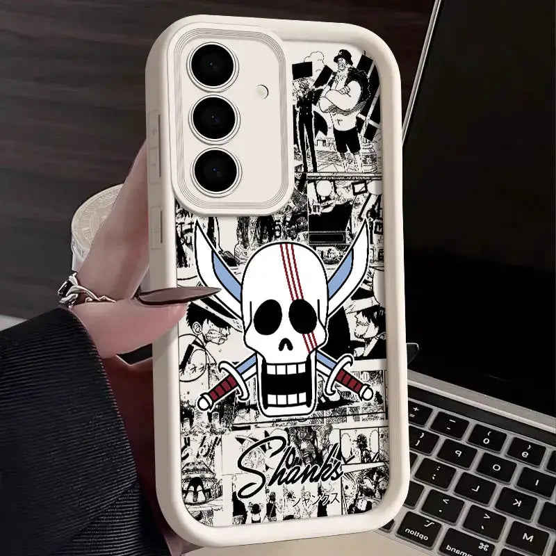 White soft silicone one piece luffy phone case with black and white shanks skull design and red stripes on back side