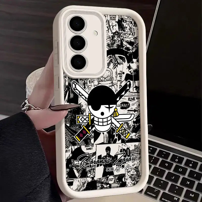 White soft silicone phone case featuring black and yellow piece luffy straw hat logo with comic book style design