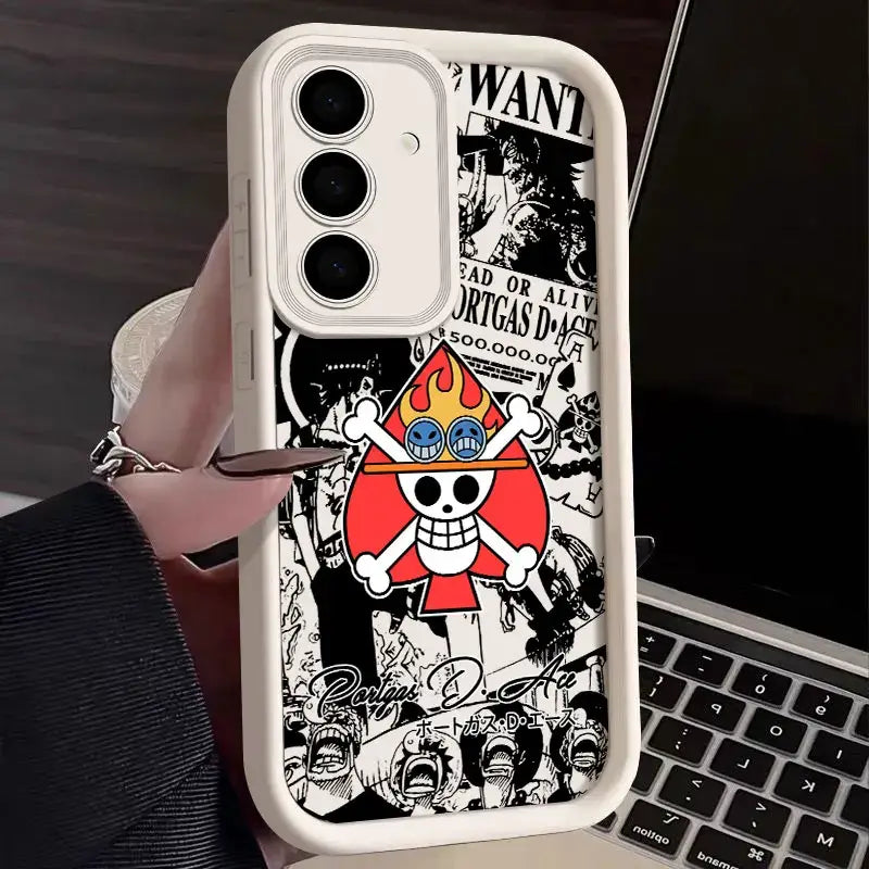 White soft silicone piece luffy phone case with black and white wanted poster and red yellow jolly roger design back side