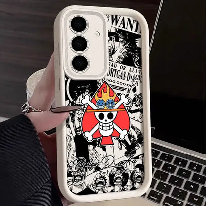 White soft silicone piece luffy phone case with black and white wanted poster and red yellow jolly roger design back side