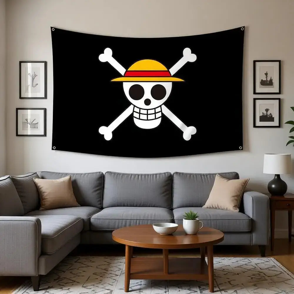 Black one piece luffy wall decor tapestry featuring white skull with crossed bones and yellow straw hat 60x90cm