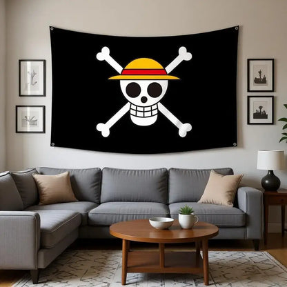 Black one piece luffy wall decor tapestry featuring white skull with crossed bones and yellow straw hat 60x90cm