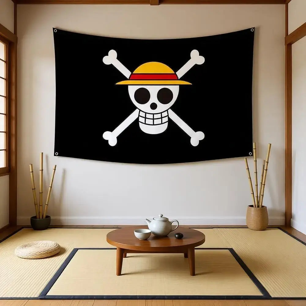 Black tapestry pirate flag banner featuring one piece luffy skull with crossed bones and yellow straw hat 60x90cm wall decor