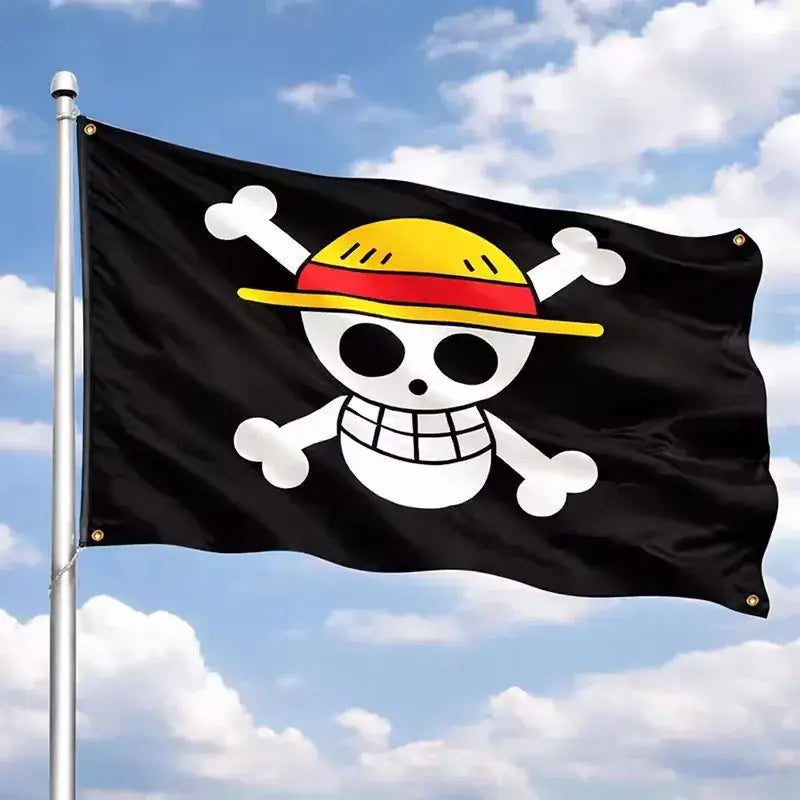 Black One Piece Luffy pirate flag banner featuring white skull with red and yellow straw hat for wall decor 60x90cm