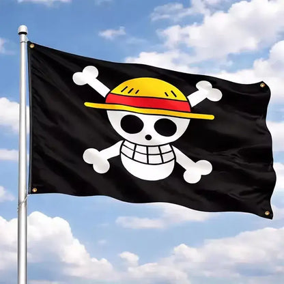 Black One Piece Luffy pirate flag banner featuring white skull with red and yellow straw hat for wall decor 60x90cm