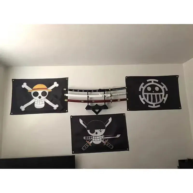 Black wall-mounted sword rack holding three swords with white and red scabbards for piece luffy wall decor