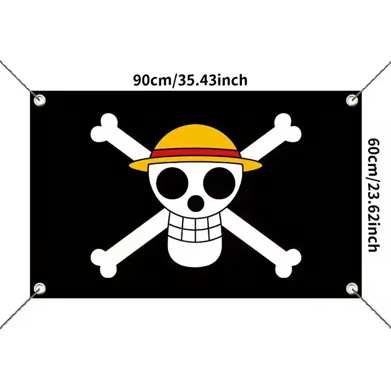 Black one piece luffy pirate flag banner with white skull and crossed bones wearing a yellow straw hat with red band