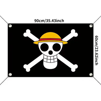 Black one piece luffy pirate flag banner with white skull and crossed bones wearing a yellow straw hat with red band