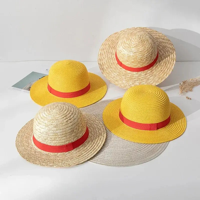 Yellow straw sun hat with red ribbon band delivers authentic one piece luffy pirate straw hat style in 31cm and 35cm