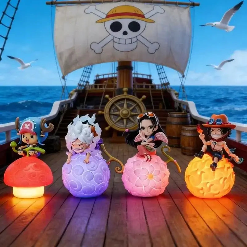 One piece luffy robin ace led lamp featuring four glowing spherical devil fruit night lights in red-orange purple pink and orange