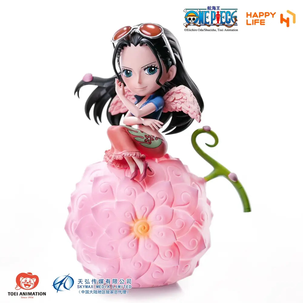 One piece luffy robin ace led lamp featuring a pink floral fruit-shaped base with a figurine in blue and pink outfit