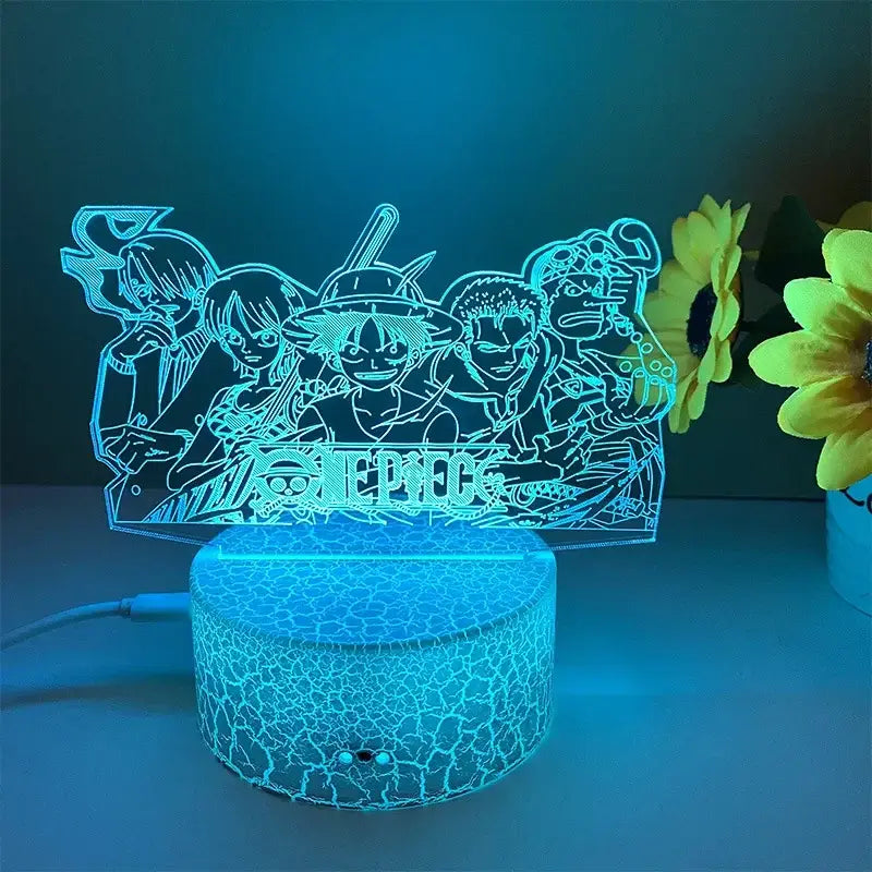 Blue crackle-effect one piece led lamp with translucent acrylic panel featuring illuminated crew design night light
