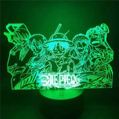 Green-lit acrylic led lamp featuring one piece luffy sanji zoro illuminated outline design night light